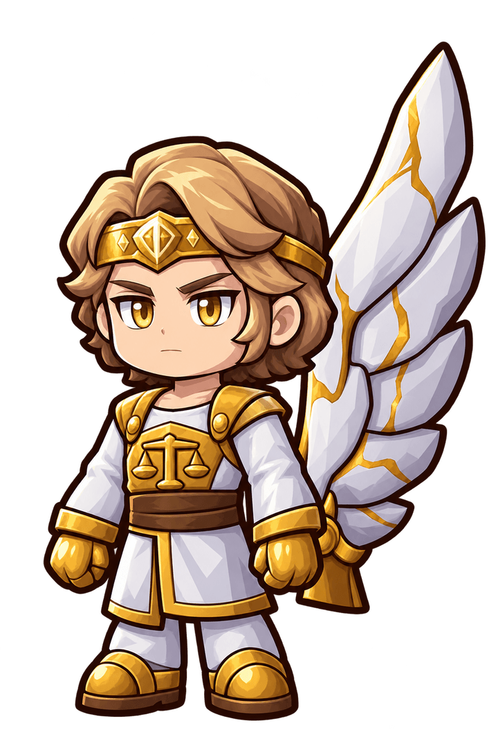 Player wearing the Celestial Skin: white robe, golden armor and a wing of light